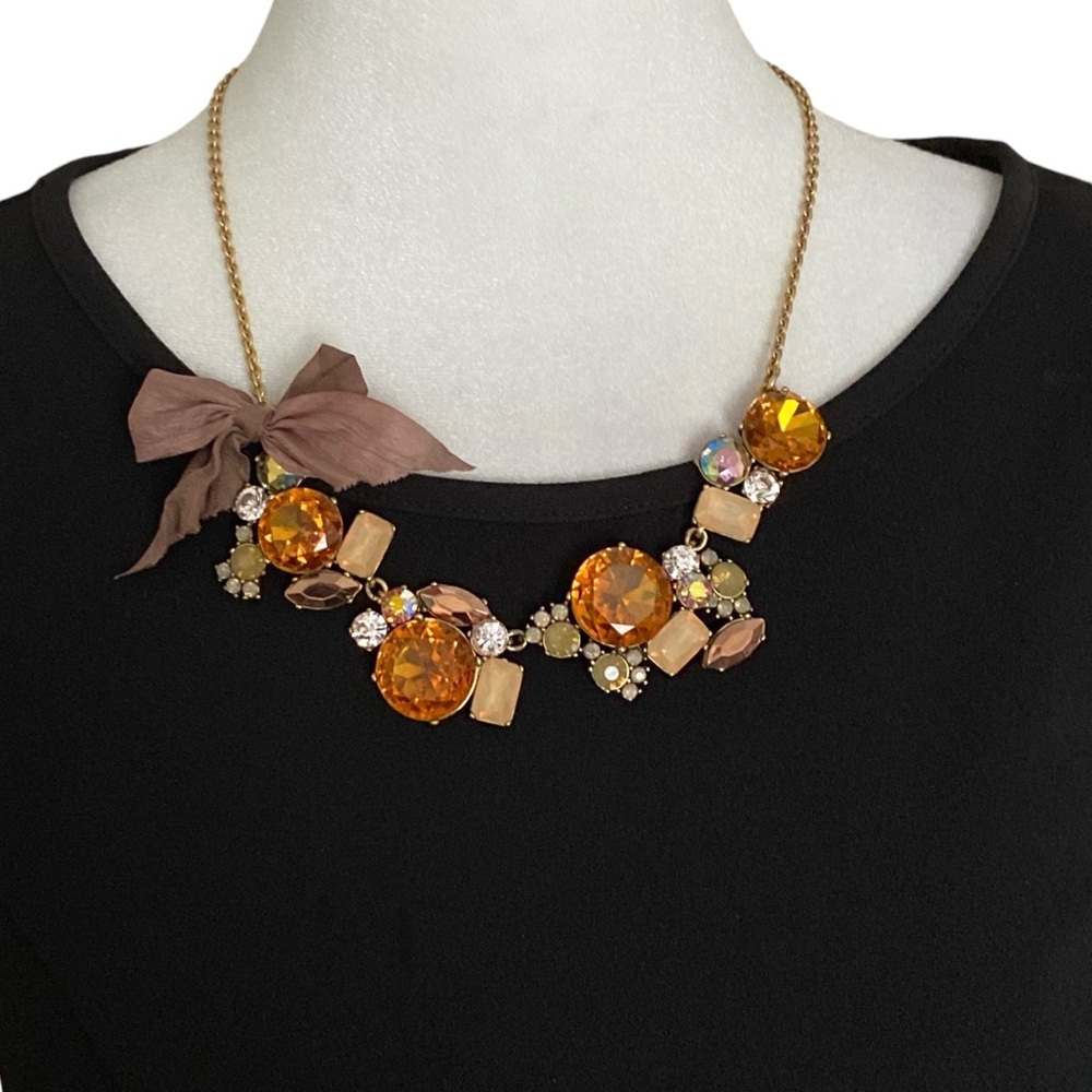 J. Crew Amber & Clear Crystal Cluster Necklace With Brown Bow Accent - Picture 2 of 12